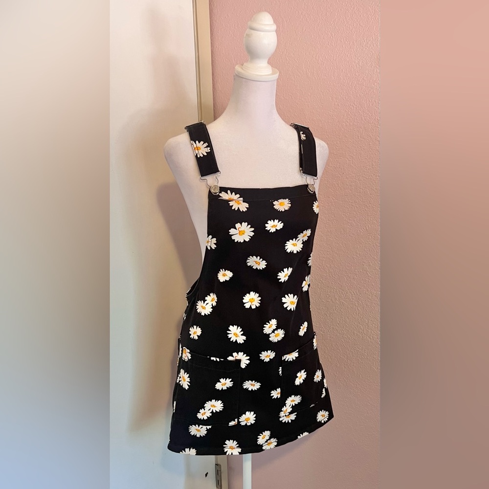 Floral White & Yellow Daisy Denim Overalls Skirt Dress in Black